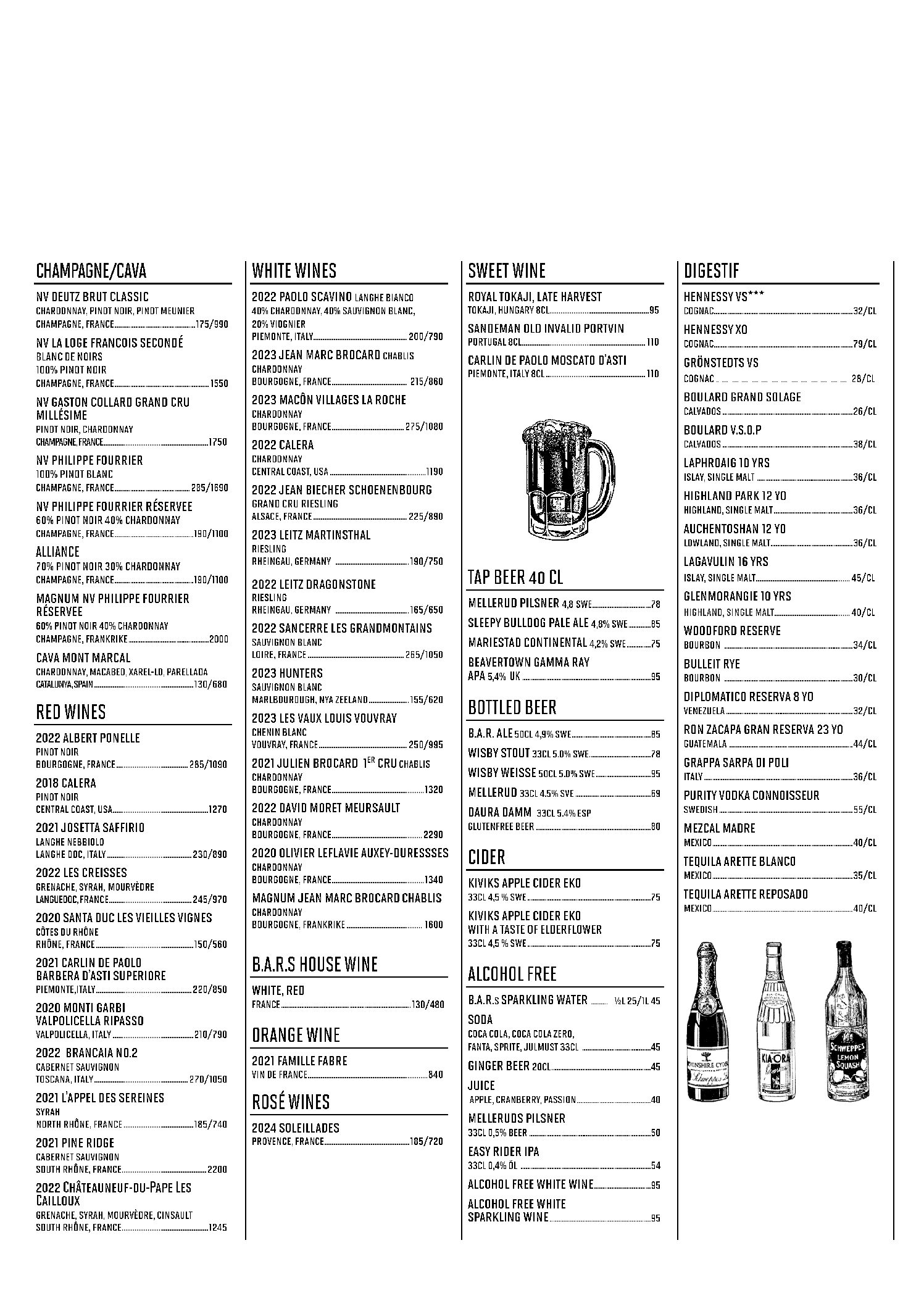 English Beverages Menu