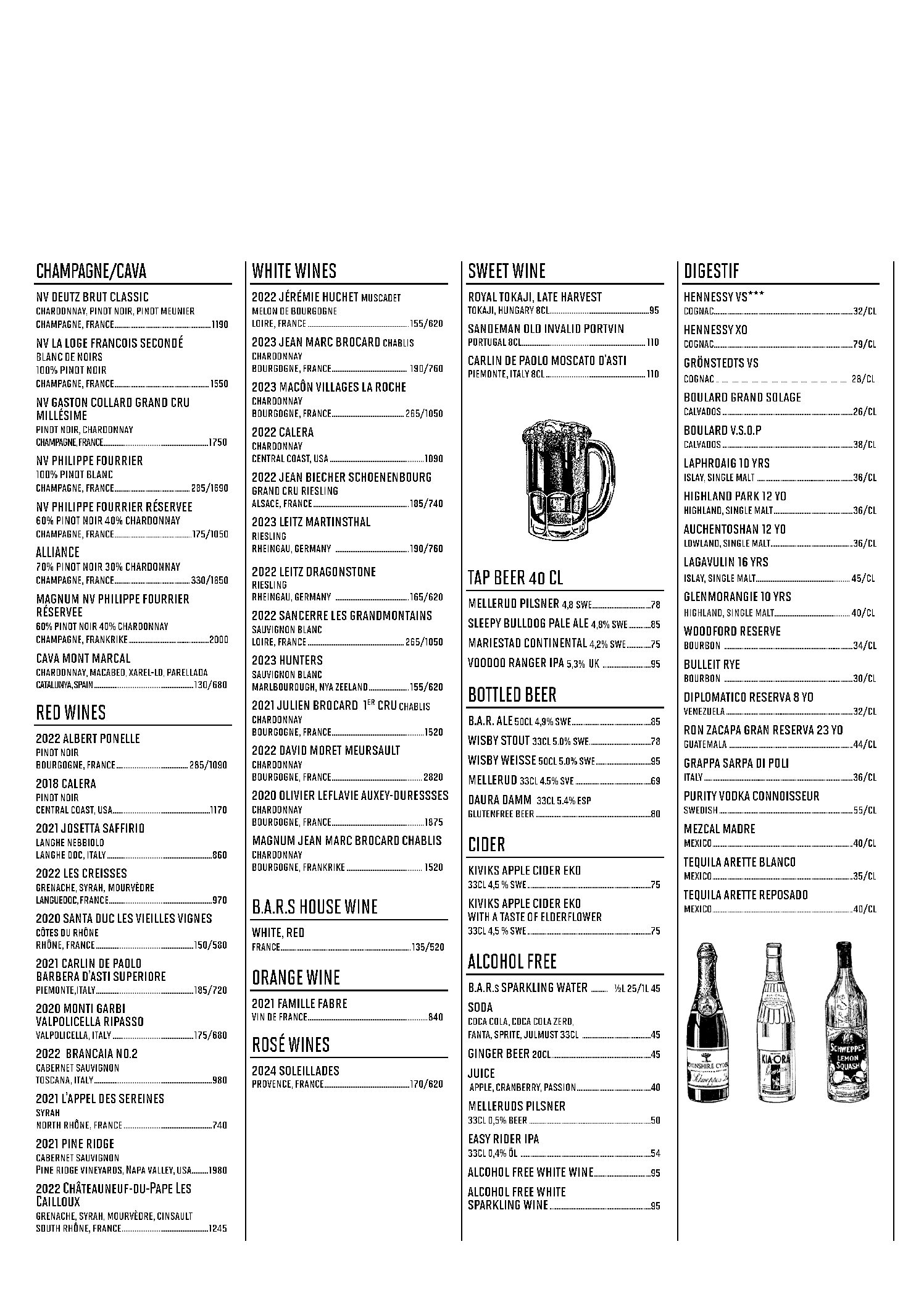 Beverages menu B.A.R