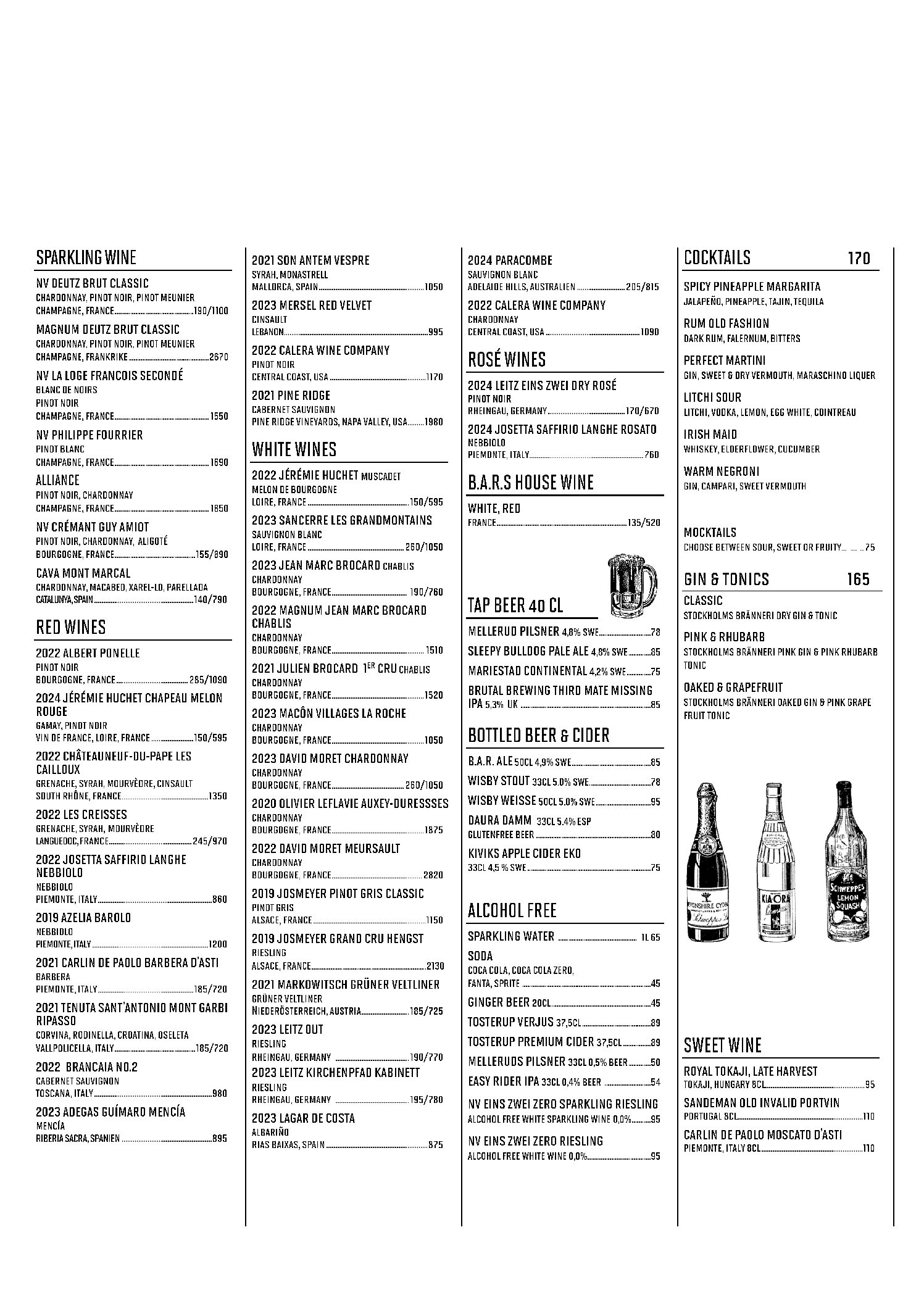 English Beverages Menu