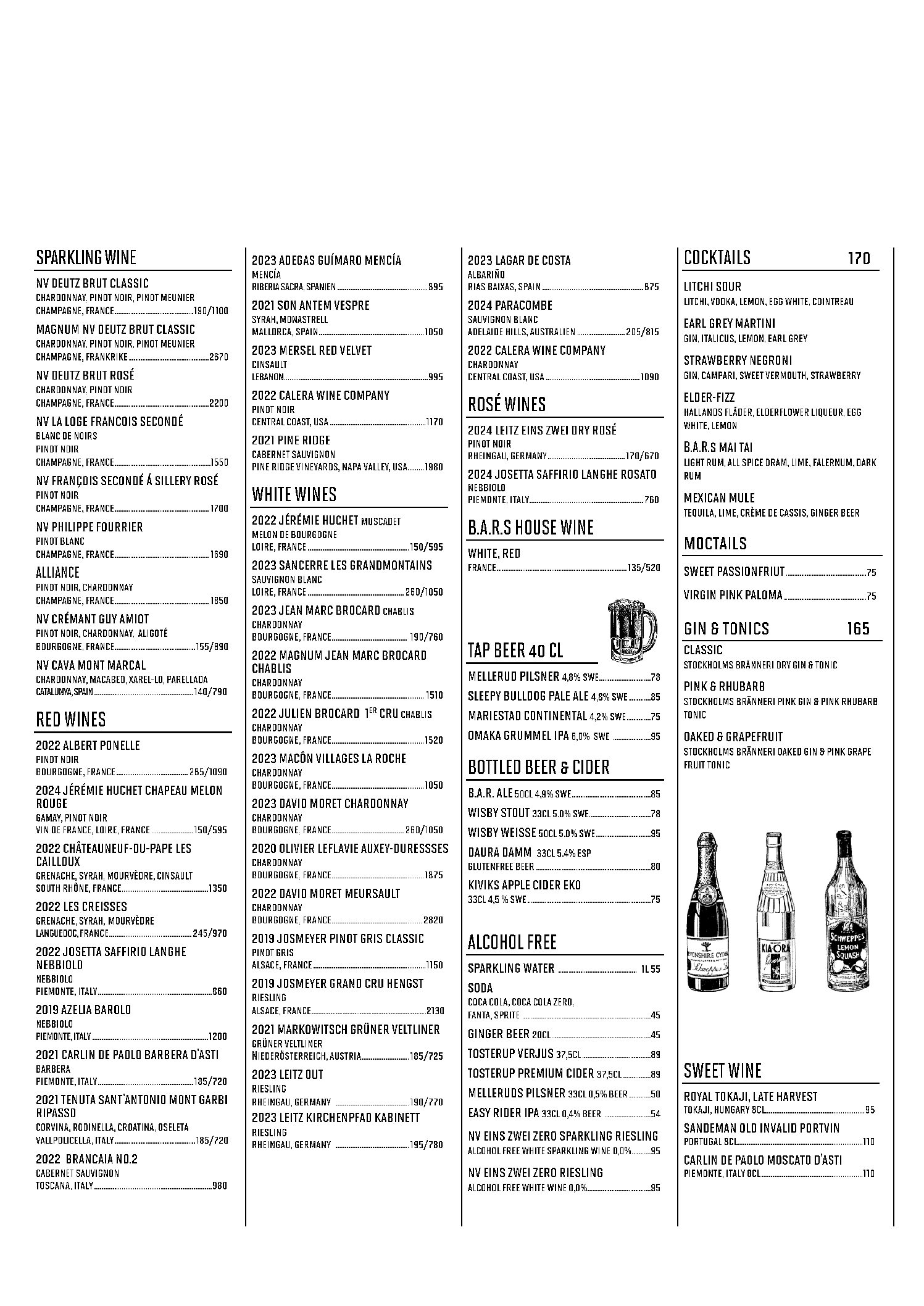 Beverages menu B.A.R