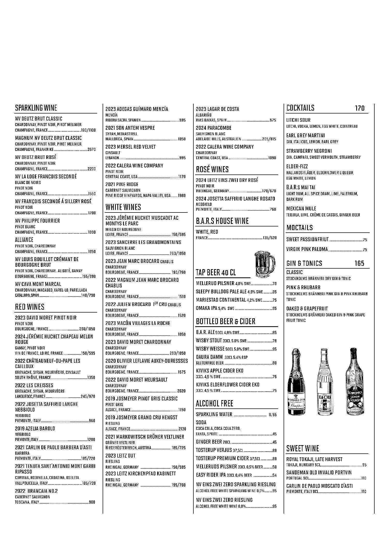 Beverages menu B.A.R
