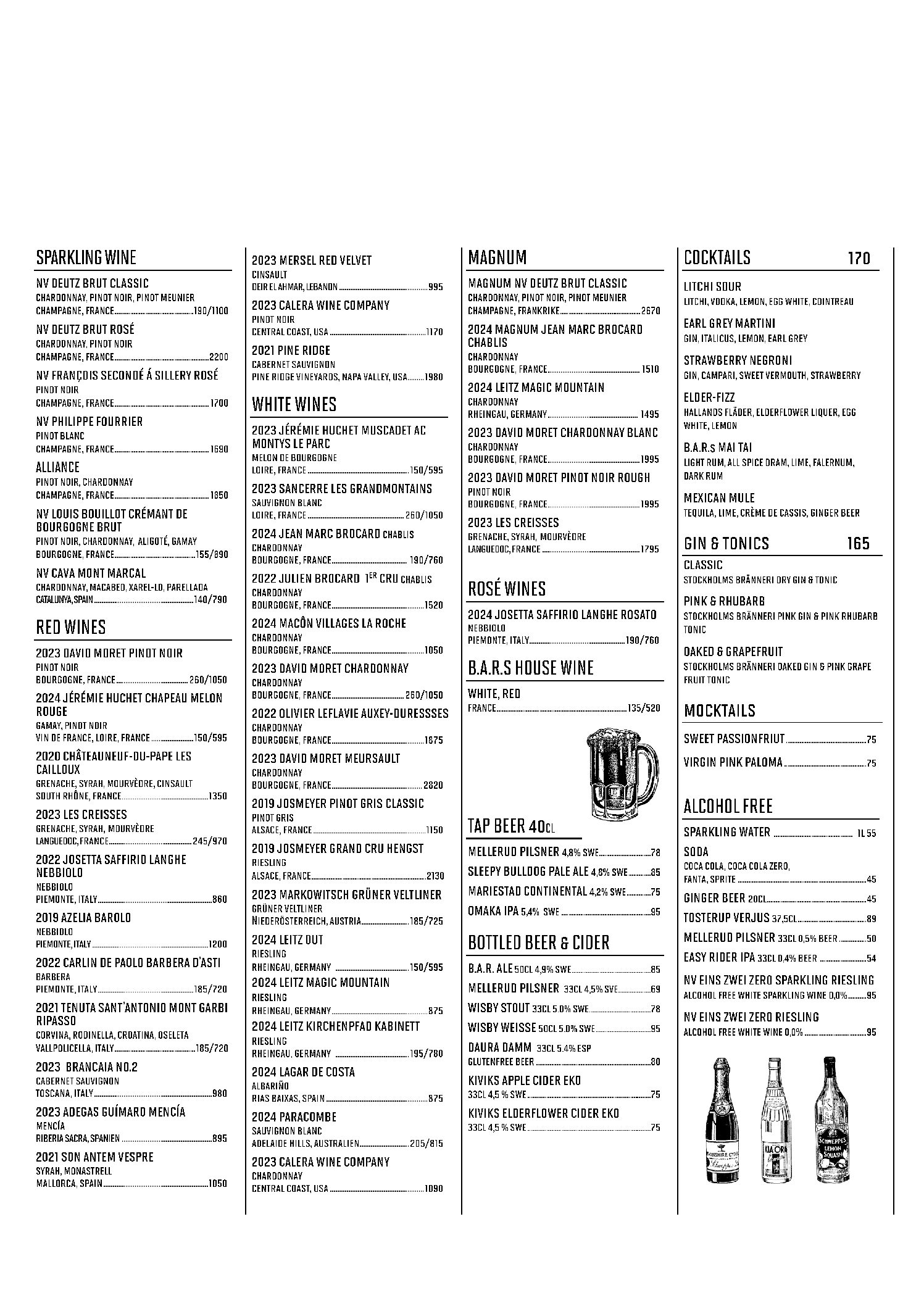 Beverages menu B.A.R