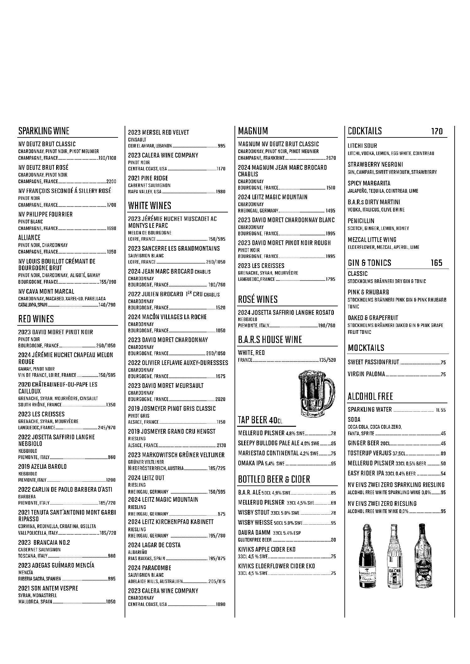 Beverages menu B.A.R