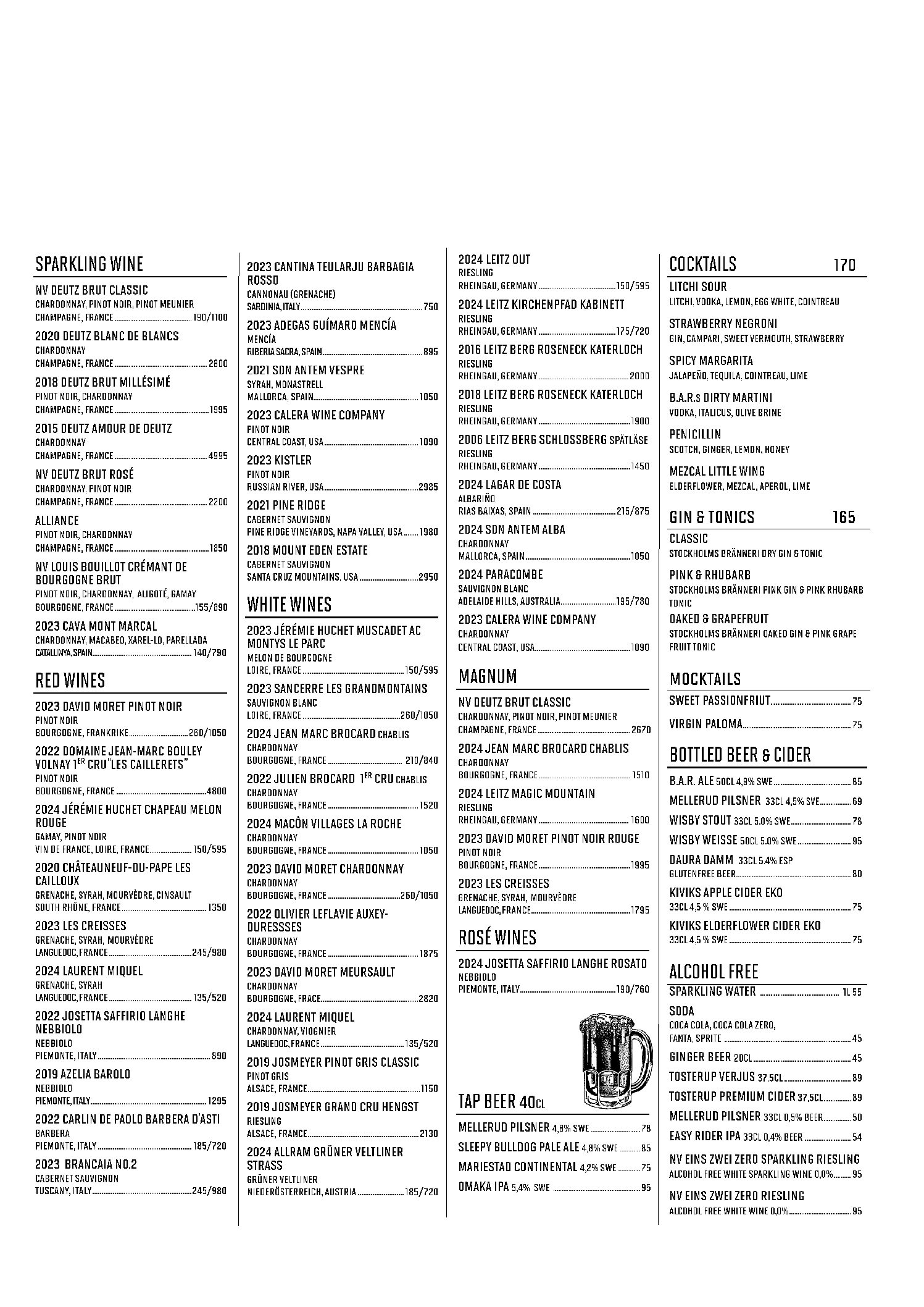 Beverages menu B.A.R