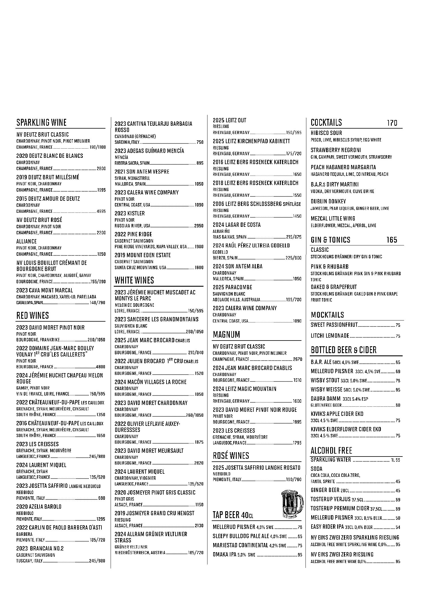 Beverages menu B.A.R