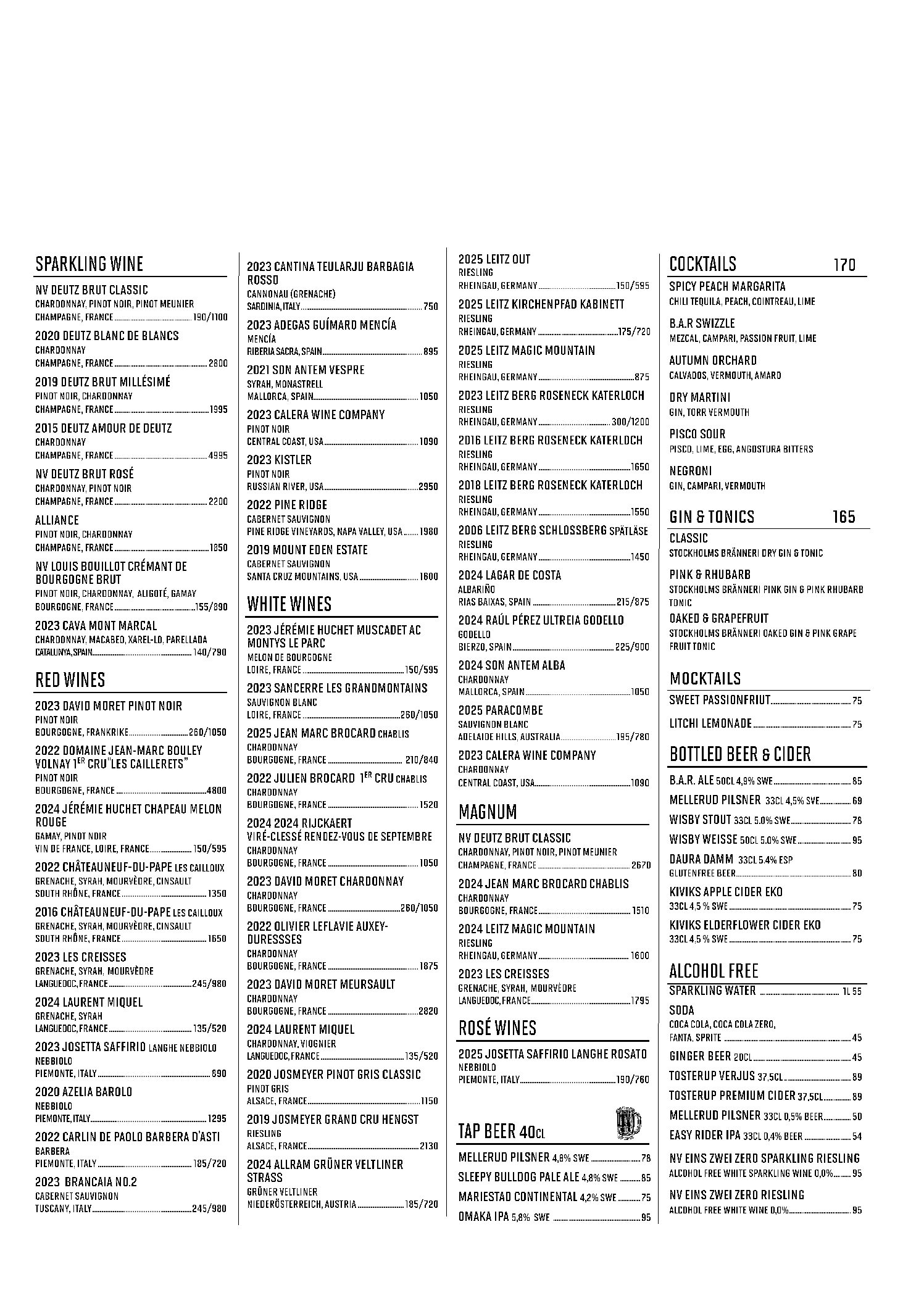 Beverages menu B.A.R
